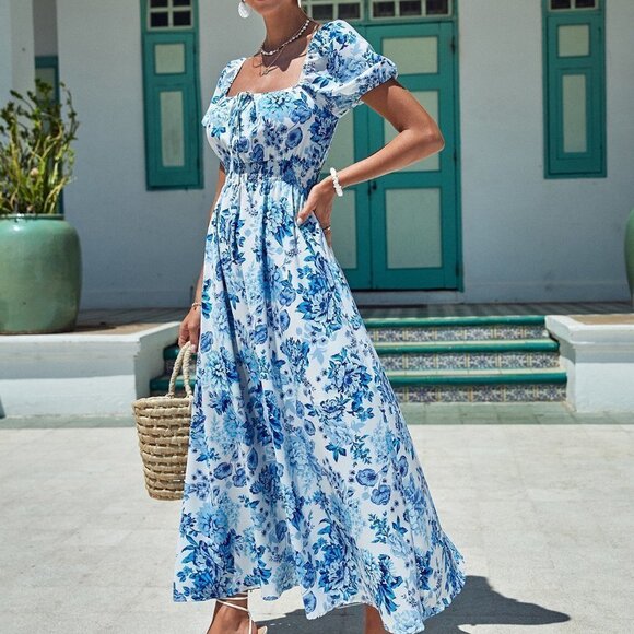 Blue Boho Womens Floral Print Square Neck Puff Sleeve Dress - Picture 1 of 5